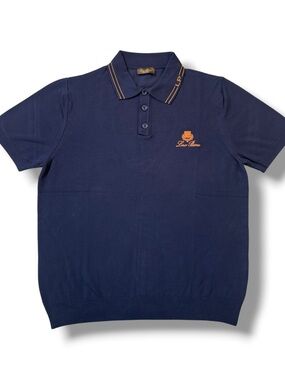 Loro Piana Men’s Large Navy Polo Shirt with Orange Logo and Collar Trim